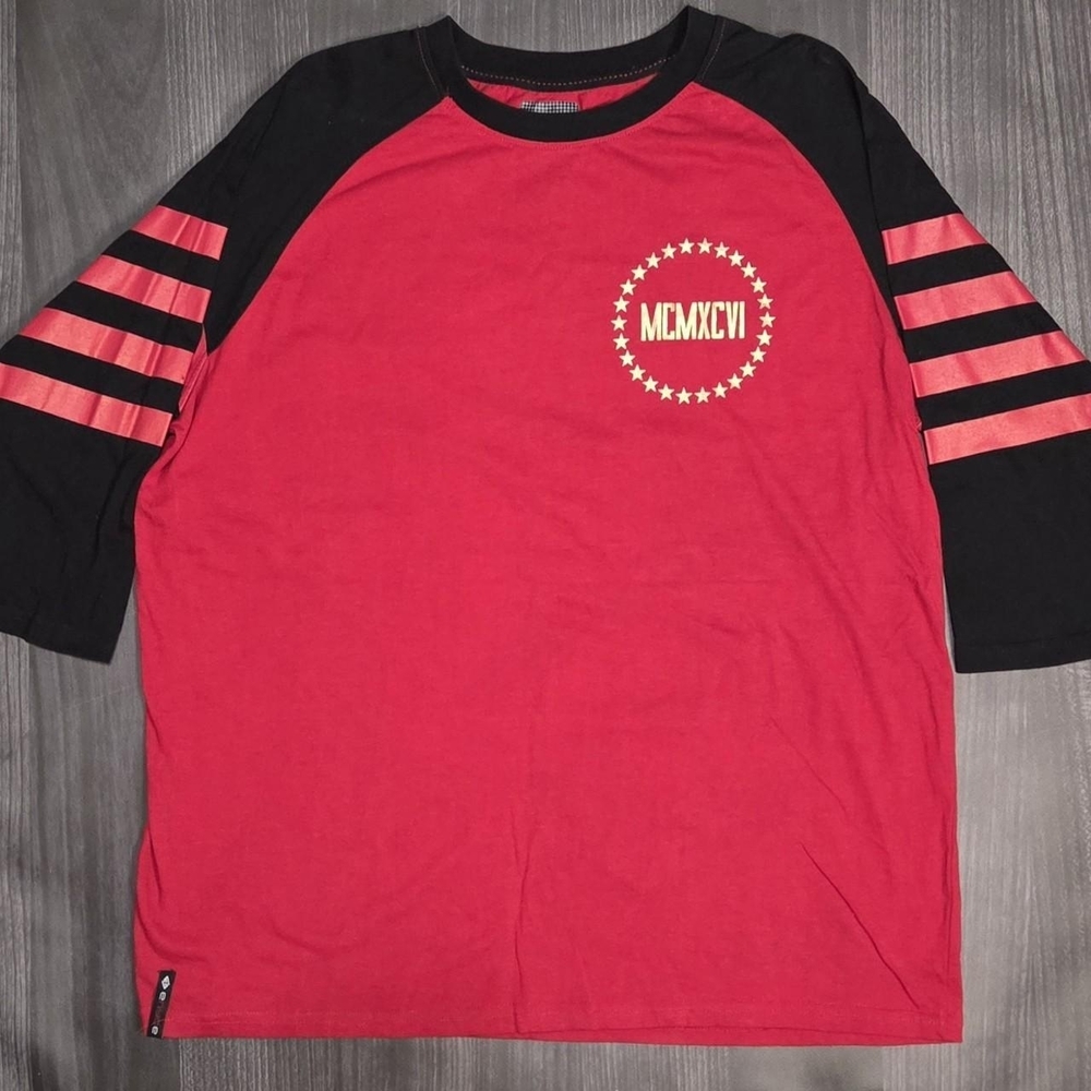 Enyce Men's Red and Black Baseball tee with 'MCMXCVI' text size XL